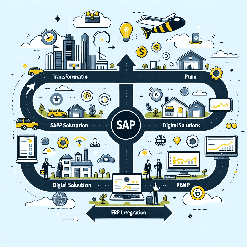 Vector-infographic-showcasing-the-digital-transformation-journey-of-SMEs-in-Pune.-Icons-represent-SAP-Business-One-digital-solutions-and-ERP-integra