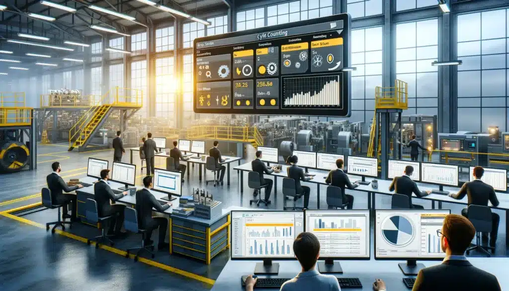 depiction of a manufacturing plant using SAP Business One for cycle counting in an office setting within the facility.